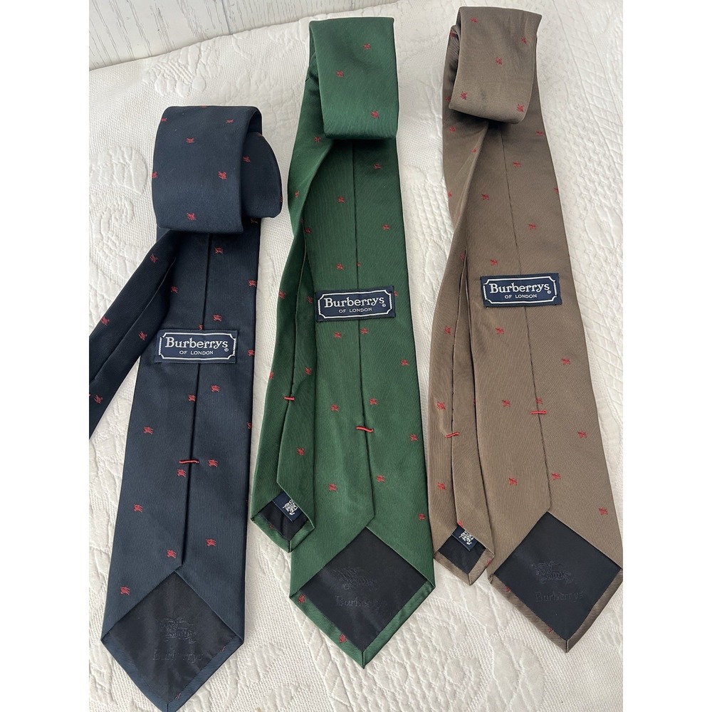 3 Vintage Burberrys London Silk Ties Equestrian Knight Logo USA Blue Green Brown